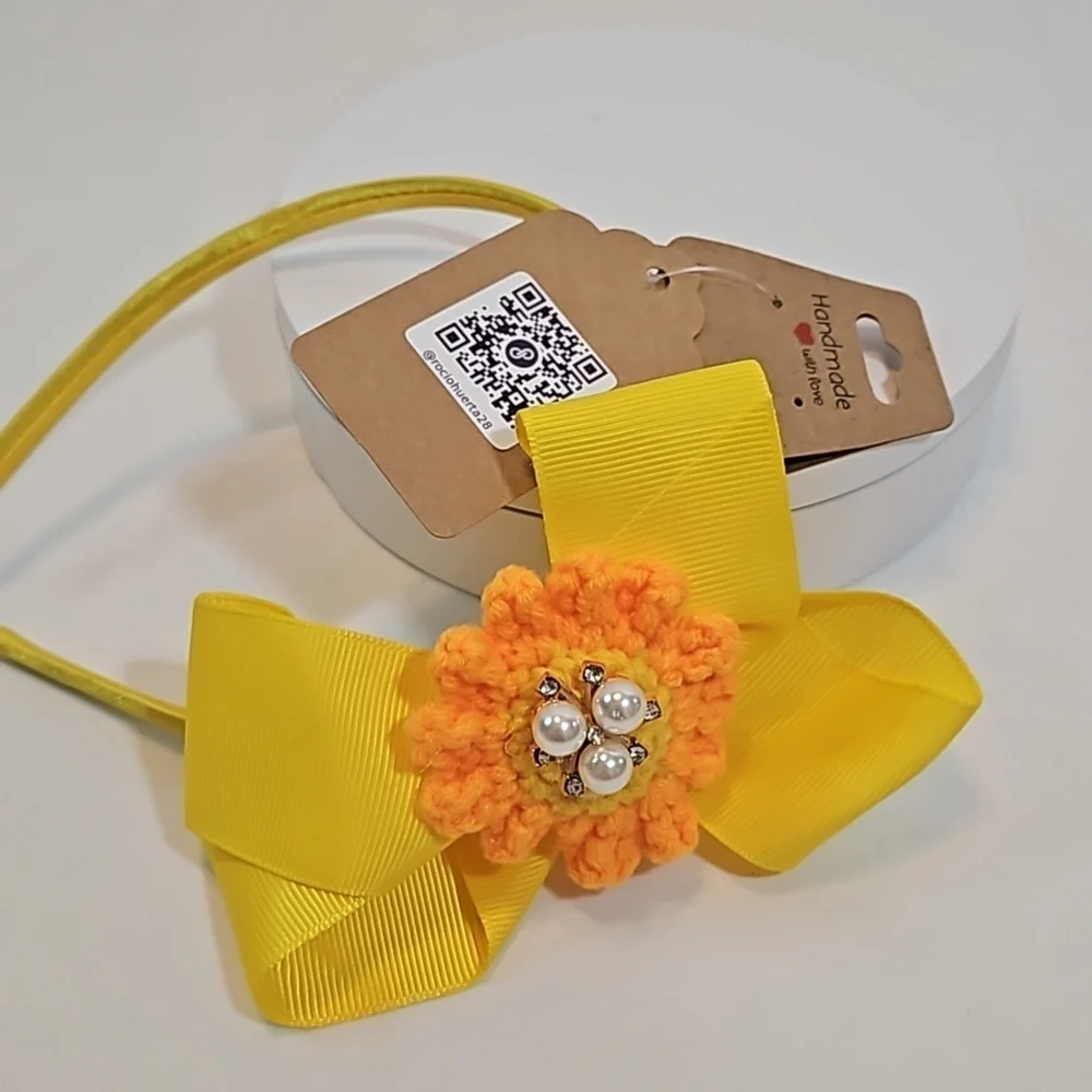 Hand Crafted yellow bow hairband hand crochet flower faux pearls beads floral